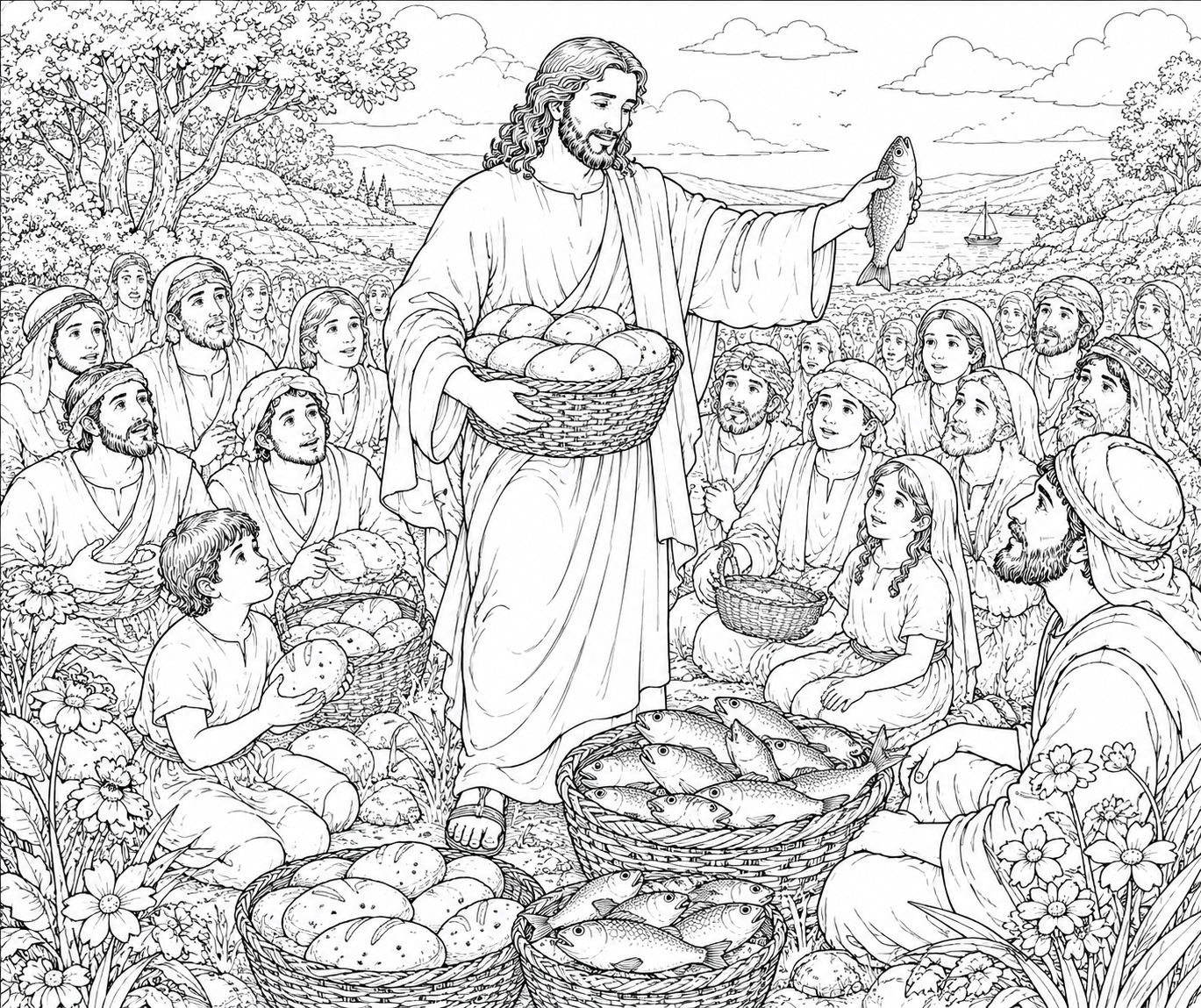 Coloring page Jesus with bread and fish