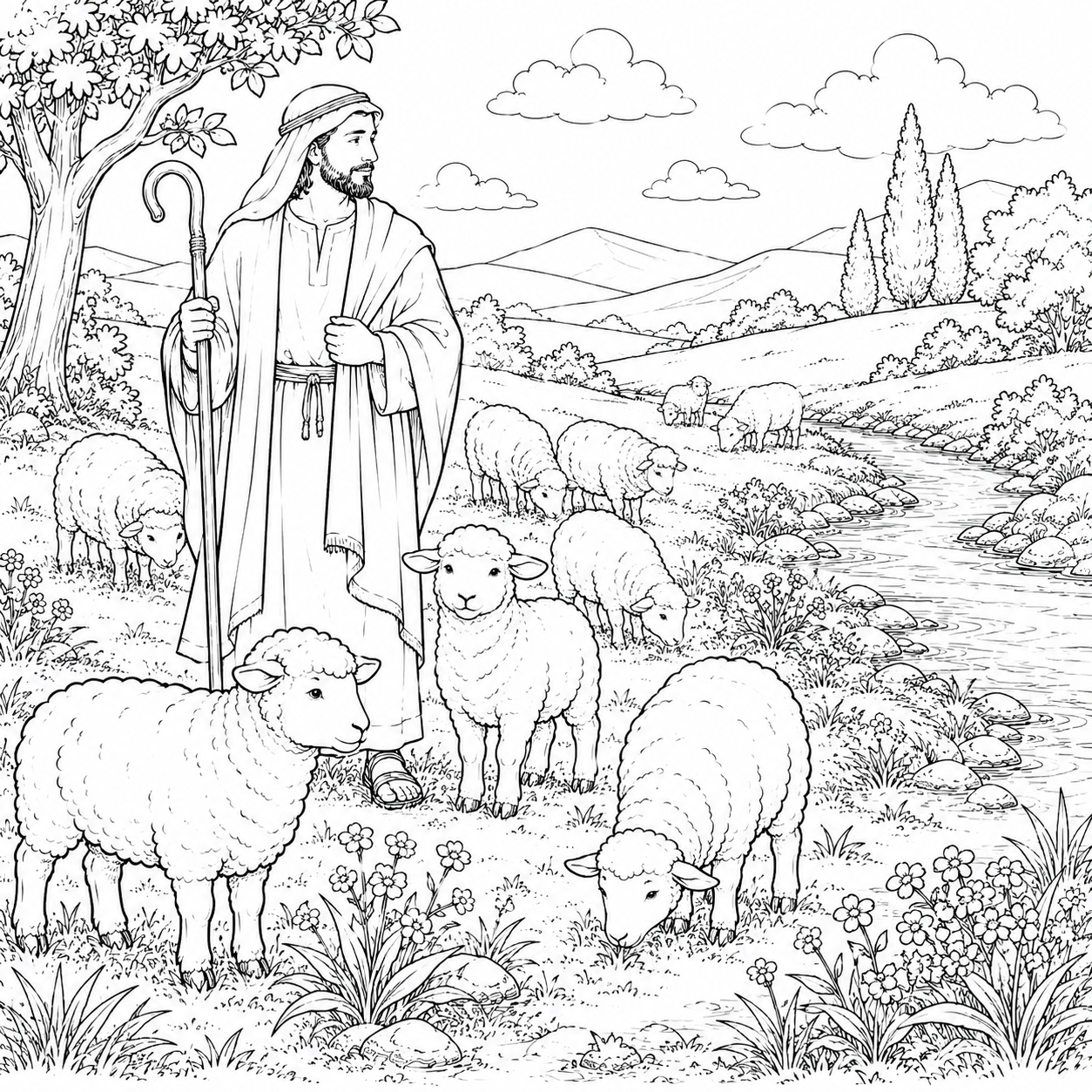 Coloring page shepherd with sheep