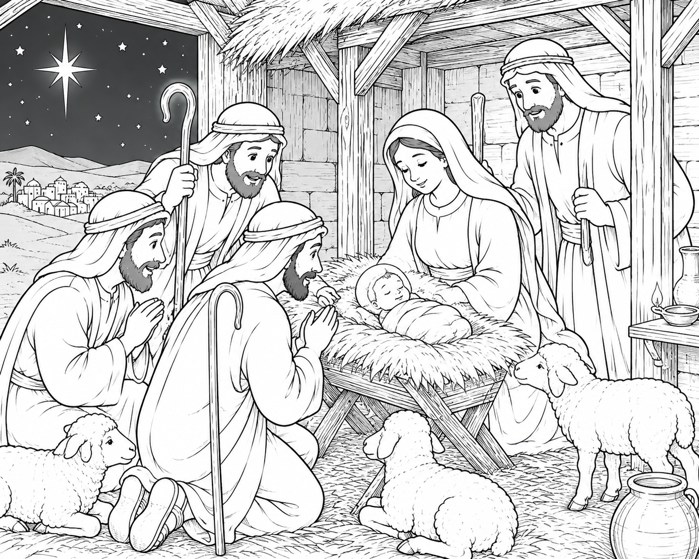 Coloring page nativity with shepherds