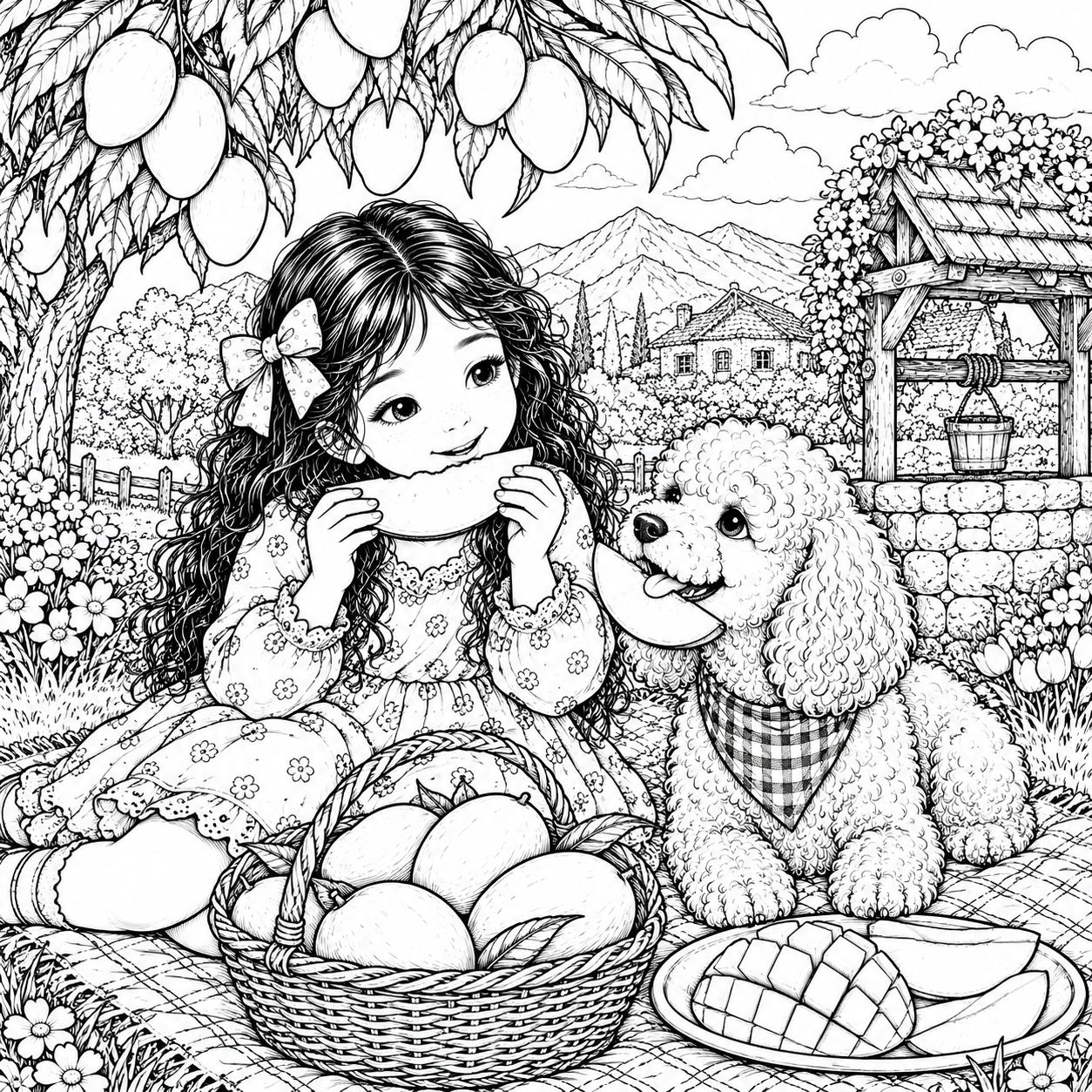 Coloring page picnic with girl and dog